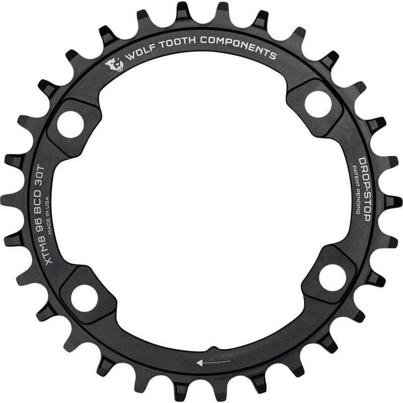 Wolf Tooth 96 BCD Chainring – 30t 96 Asymmetric BCD 4-Bolt Drop-Stop For Shimano XT M8000 SLX M7000 Cranks BLK