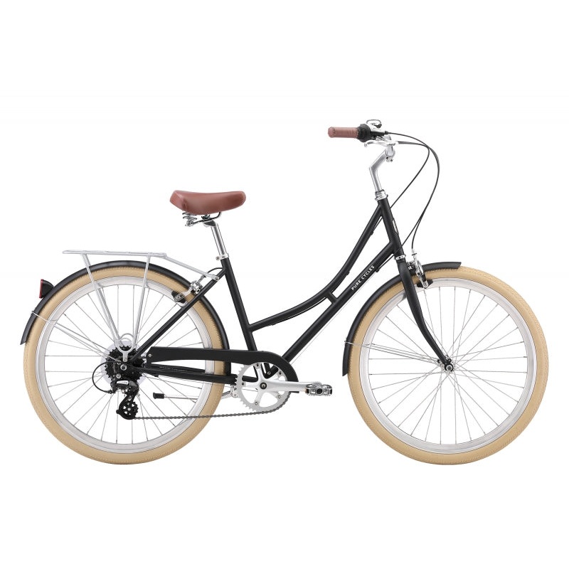 Pure cycles City Step-Through 26` 8-Speed Step-Thru 43cm / 26` Elliot – Matte Black 26` Anodized Siver 8 Speed Rim Brake