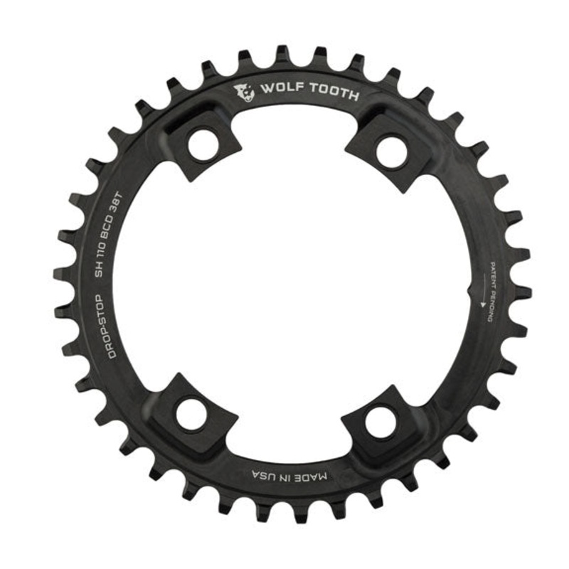 Wolf Tooth Shimano 110 Asymmetric BCD Chainring – 38t 110 Asymmetric BCD 4-Bolt Drop-Stop For Shimano Cranks BLK