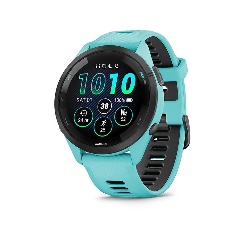 Garmin Forerunner 265 Music Watch Watch Color: Aqua Wristband: Aqua/Black – Silicone